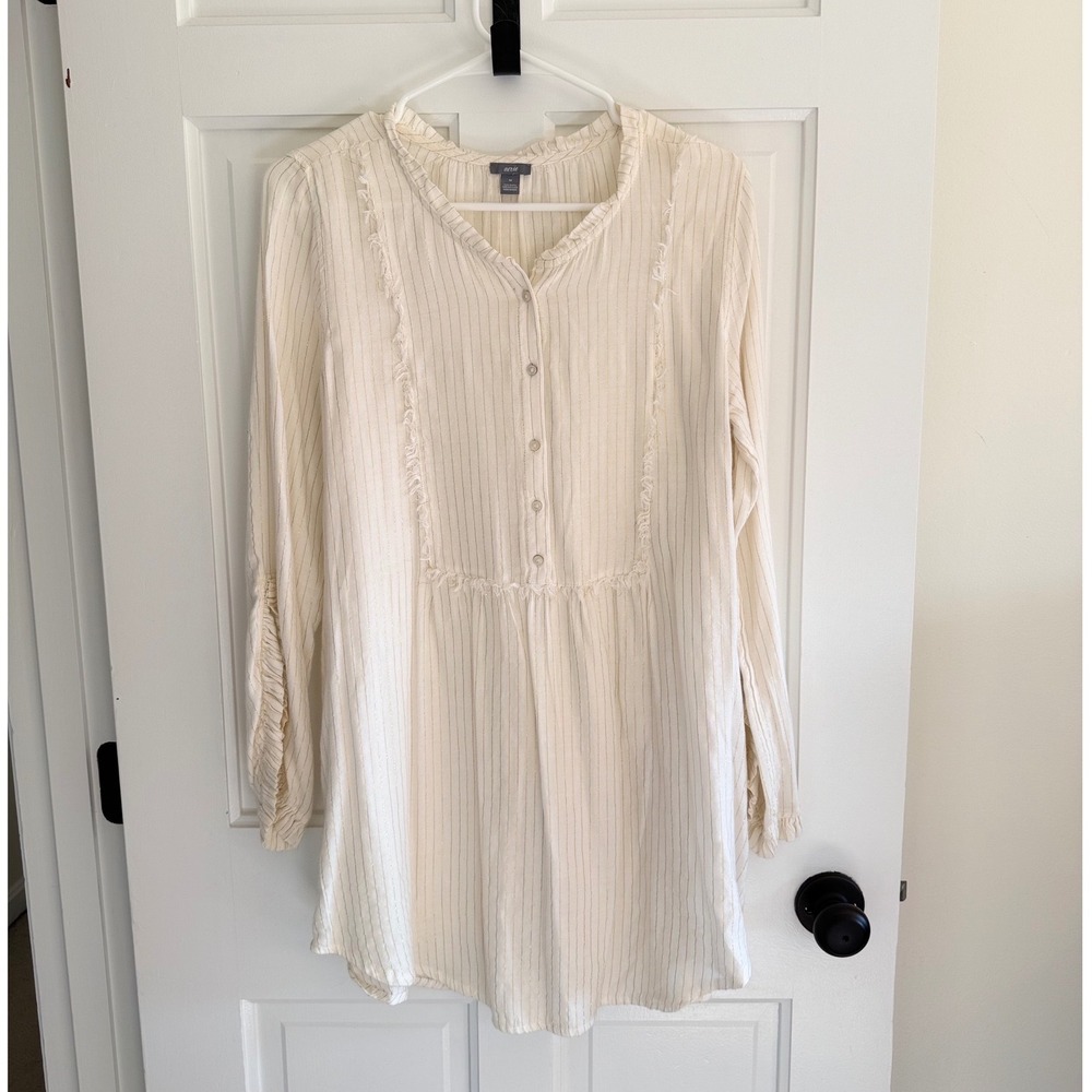Aerie Ivory Gold Metallic Pinstripe Boho Bell Sleeve Tunic‎ Blouse M